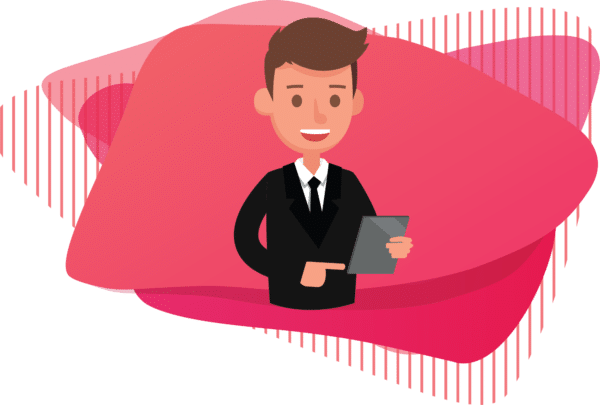 A cartoon of a man in a suit holding a notebook