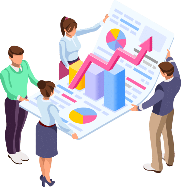 A cartoon of four people unfolding a large document containing charts