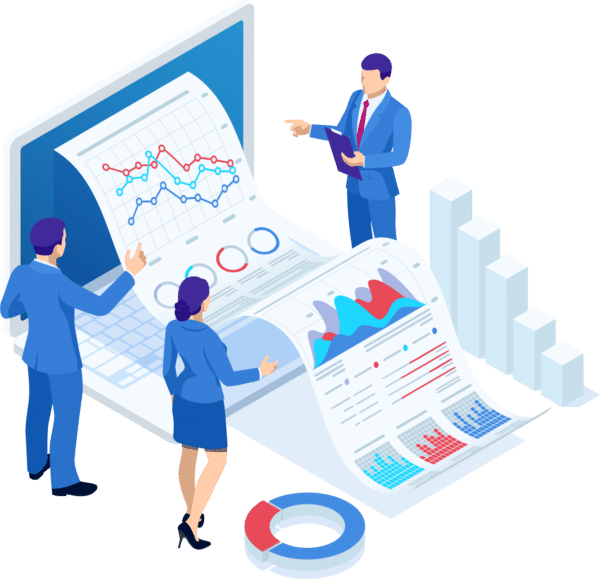 A cartoon of three people standing alongside a document containing charts