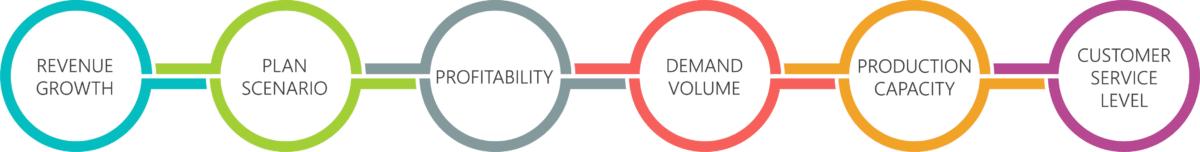 Circles that say: revenue growth, plan scenario, profitability, demand volume, production capacity, customer service level