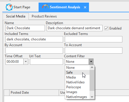 A dropdown menu within the Arkieva social media sentimenet analysis solution