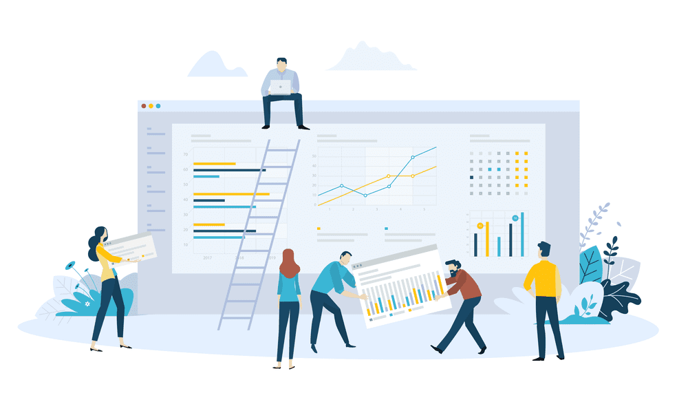 A cartoon of a large computer dashboard with six people sitting on or standing around it