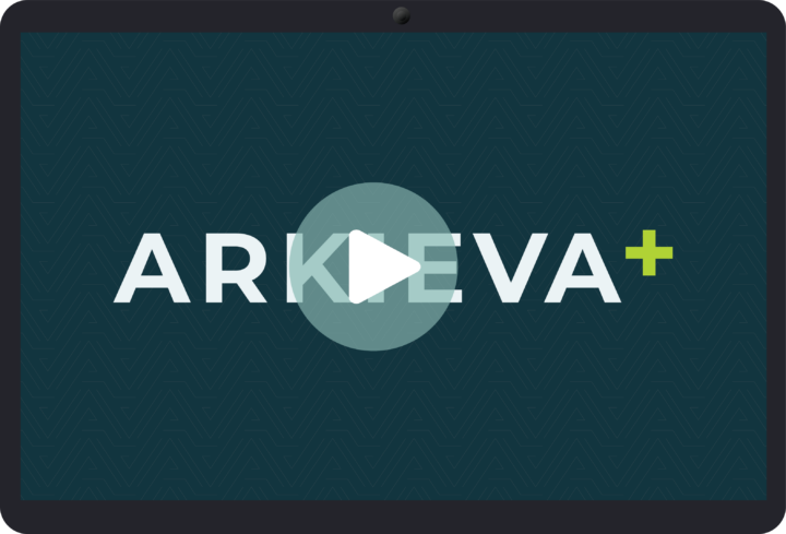 A device screen displaying the Arkieva Plus logo with a video play button overlaid