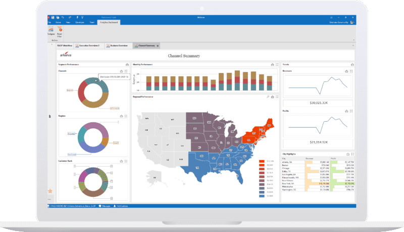 A laptop displaying a channel summary in an Arkieva supply chain planning software solution